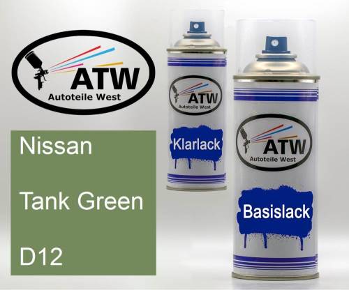 Nissan, Tank Green, D12: 400ml Sprühdose + 400ml Klarlack - Set, von ATW Autoteile West.